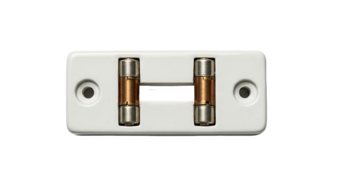 White ceramic fuse holder with two horizontal cartridge fuses—used in electrical systems to prevent overcurrent and ensure circuit protection