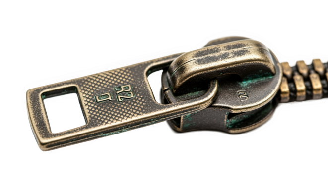 Metal zipper slider with textured pull tab and antique finish—shows wear, oxidation, and mechanical detail, suitable for vintage clothing or accessory design