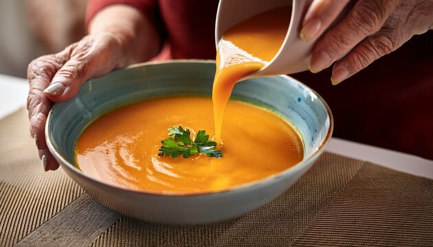 elderly hands pouring creamy vibrant soup into a bowl - Powered by Adobe