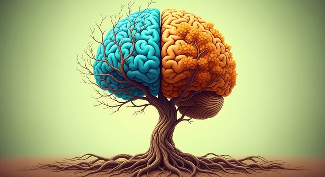 A tree with roots and branches shaped like a human brain, split into blue and orange halves. Perfect for concepts about thinking, creativity, mental health, and balanced mindset.