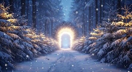 Enchanted winter forest path leading to a portal of light and hope