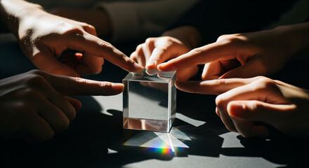 Diverse Hands Touching Light Prism