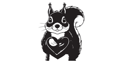 Cute black and white cartoon squirrel holding a heart in a friendly woodland illustration.