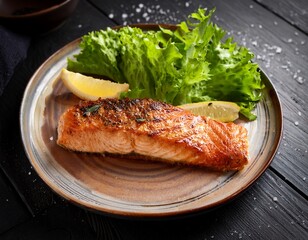 grilled salmon fillet seasoned with lemon salt and pepper served on a rustic plate with fresh lettuce