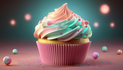 digitally rendered cupcake in pastel colors for birthday celebration with space