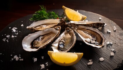 freshly shucked fines de claire oysters presented on a stone slab