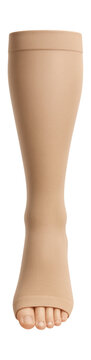 Knee-length compression stocking with open toe in beige matte knit.