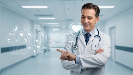 A smiling doctor in a hospital hallway interacts with an overlay of health-related icons, pointing at a glowing heart symbol - Powered by Adobe