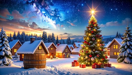 Magical Christmas Village Scene with Decorated Tree and Gifts.