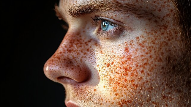 A close-up showcases a face with skin cancer, highlighting the texture and details of the skin. The fair skin tone is contrasted by freckles that may indicate sun exposure, emphasizing awareness. - Powered by Adobe
