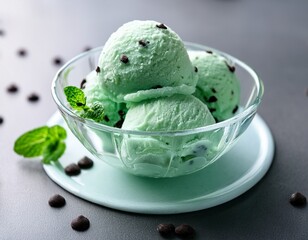 mint chocolate chip ice cream in a glass bowl