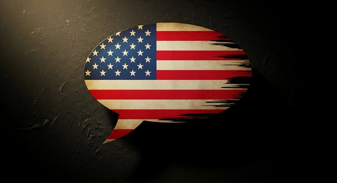 American flag speech bubble on textured dark background offers a powerful message of patriotism and unity, perfect for campaigns and social media