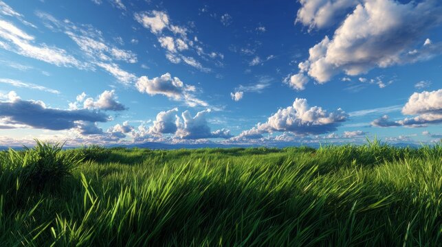 A field of grass with a blue sky and clouds. The sky is clear and the clouds are scattered, giving the impression of a peaceful and serene landscape