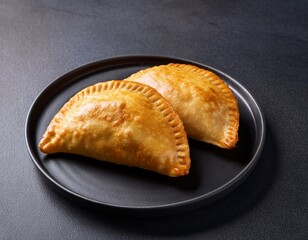 two golden brown crispy empanadas on a dark plate