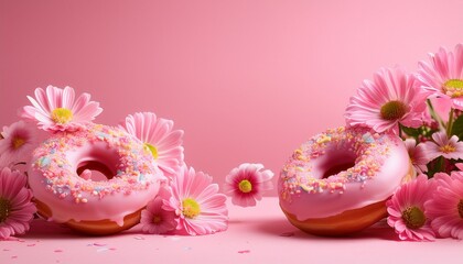 surreal pink doughnuts with flowers for advertising with space