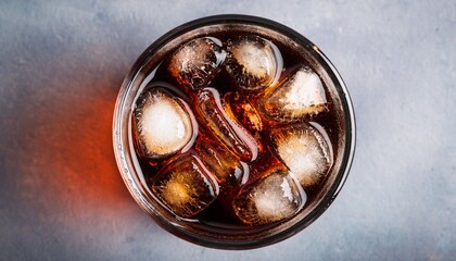 top down view of a round glass of iced cola