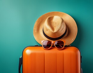 orange suitcase straw hat sunglasses on a teal background