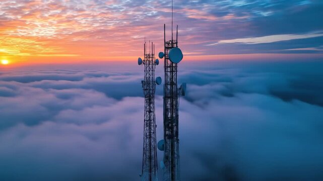 Tall cell tower rises above clouds, a vibrant sunset behind it