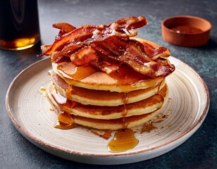 stacked pancakes topped with crispy bacon and syrup