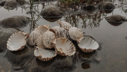 Seashells resting on rocks in shallow water with reflections.
