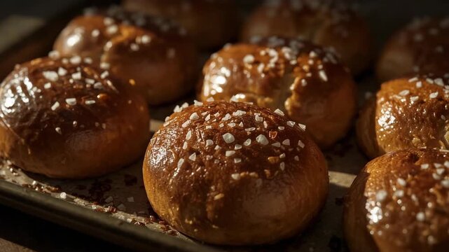Freshly baked pretzel buns with a rich golden-brown crust and coarse salt topping, cooling on a baking sheet in warm, rustic lighting.