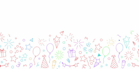 Colorful hand drawn party elements border on white background