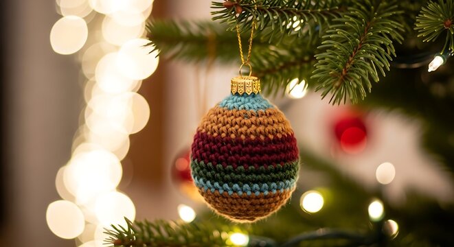Vibrant, handcrafted crochet Christmas ornament adorning a festive evergreen tree, illuminated by soft, shimmering bokeh lights, creating a cozy holiday atmosphere