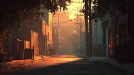 Urban alley bathed in warm sunset light with visible power lines overhead