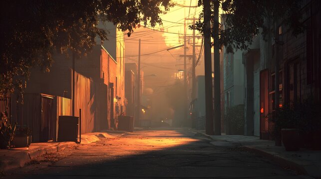 Urban alley bathed in warm sunset light with visible power lines overhead
