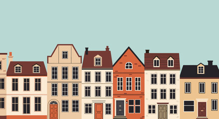 Fototapeta premium Row of charming, colorful cartoon houses with pitched roofs and multiple windows against a pale blue sky.