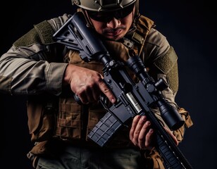 Obraz premium Soldier Handling Weapon in Tactical Gear in Dark Environment