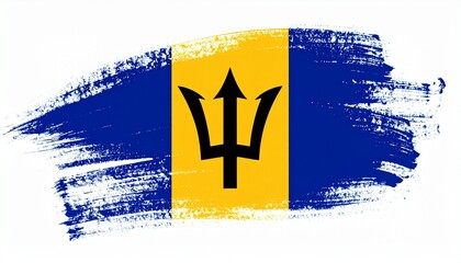 Painted Barbados Flag with Blue Yellow Stripes and Trident