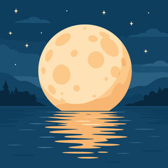 Full moon reflecting on a calm lake at night with stars