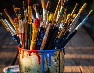 Vibrant Collection of Paintbrushes in a Paint-Stained Container