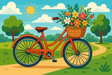Bicycle with a basket of flowers on a sunny day in a park