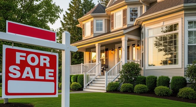 Large two-story house with white porch and columns at dusk with warm interior lighting. Red and white for sale sign in front yard. Perfect for real estate listings and property marketing.
