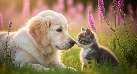 Golden puppy and small gray kitten face each other nose to nose in green grass surrounded by purple flowers. Perfect for pet friendship themes, animal greeting cards, and veterinary materials.