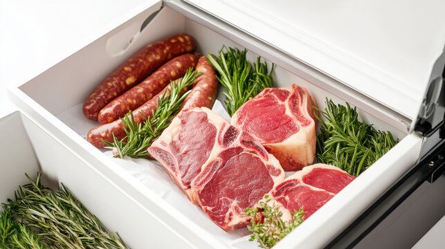 Cinematic display of raw meat cuts and sausages with fresh herbs for gourmet cooking inspiration - Powered by Adobe