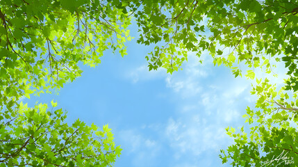 green leaves and branches reach towards the blue summer sky, natural growth and vibrant foliage