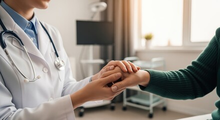 Obraz premium A doctor in a white coat with a stethoscope gently holds a patient's hand in a comforting gesture. The warm clinical setting conveys trust and compassion in healthcare.