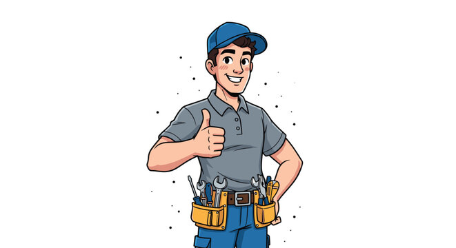 Confident Cartoon Handyman Giving Thumbs Up on White Backdrop - Skilled Technician Expressing Approval for Home Repair Services, Plumbing Solutions, Electrical Maintenance, and Professional Assistance