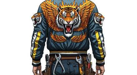 Illustrative Tradesman with Tiger Jacket and Tool Belt, Maintaining Infrastructure, Conceptual Illustration for Skilled Labor Advertising and Construction Industry Promotion, Modern Graphic Resource w