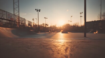 Skatepark at sunset with warm golden light illuminating concrete ramps and structures