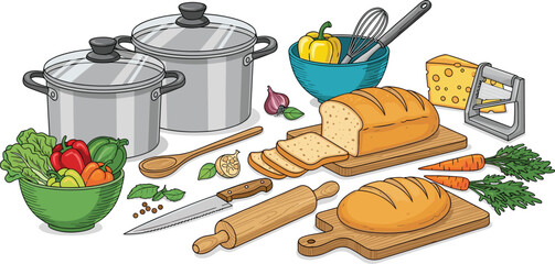 Kitchen Prep Still Life with Fresh Ingredients Arranged on White Backdrop, Ready for Cooking Illustration for Recipe Book, Culinary Blog, or Food Presentation, Featuring Vegetables, Bread, and Utensil