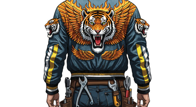 Illustrative Tradesman with Tiger Jacket and Tool Belt, Maintaining Infrastructure, Conceptual Illustration for Skilled Labor Advertising and Construction Industry Promotion, Modern Graphic Resource w