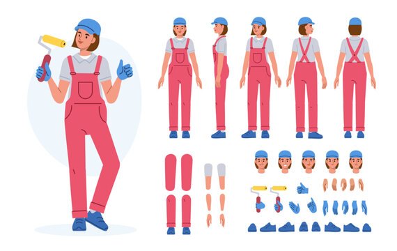 Female painter and decorator character constructor for animation. Woman artisan wearing work overalls and holding painting tools. Front, side and back view set. Vector illustration.