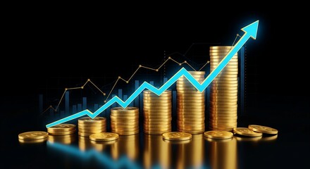 Visualize soaring profits with this dynamic financial chart and gold coins showing impressive growth, perfect for investment and business success stories