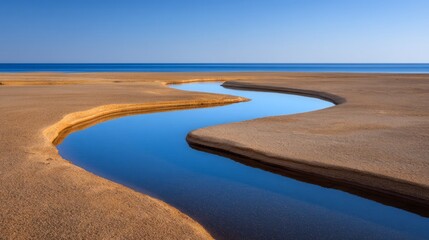 A river runs through a sandy beach, with the water reflecting the blue sky above. The scene is calm and serene, with the water appearing to stretch on forever