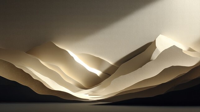 Minimal sculpted paper landscape with gentle folds and peaks lit from the side, monochrome cream palette casting long shadows for an abstract mountain aesthetic - Powered by Adobe