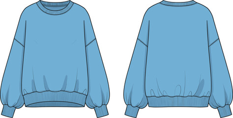 Blue Crewneck Sweatshirt Vector, Dropped Shoulder Technical Flat with Voluminous Bubble Sleeves Apparel